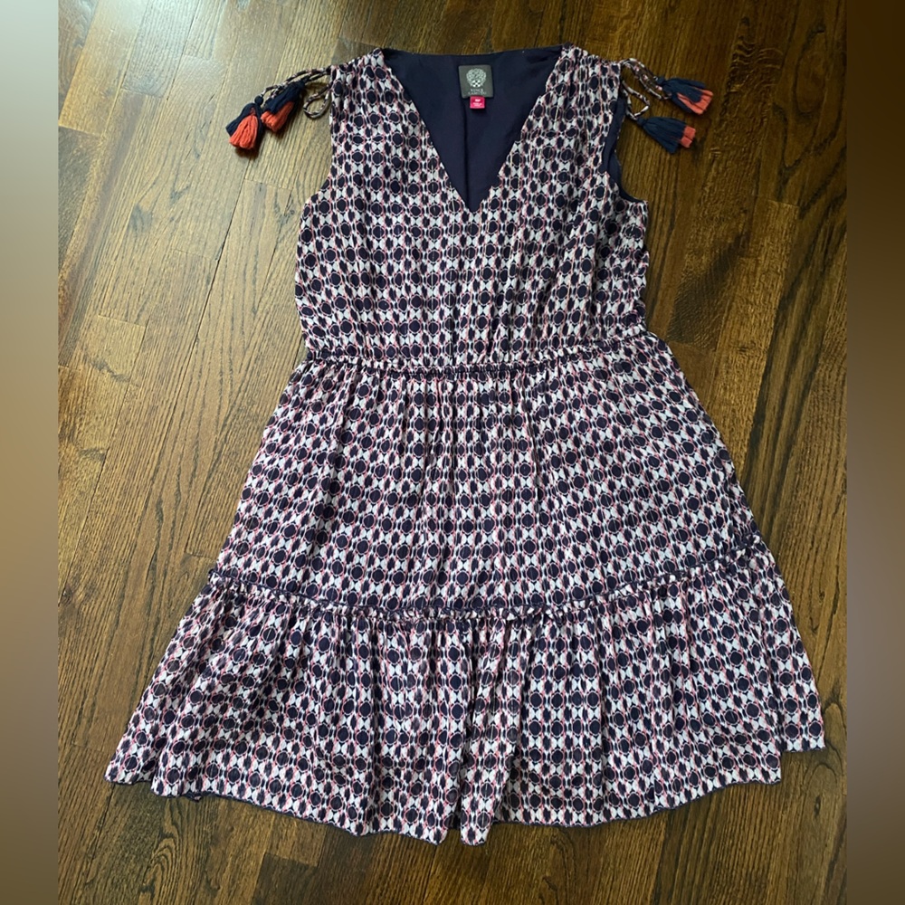 Vince Camuto- Navy Pink Gold Metallic Printed Tie-Shoulder Mini Dress women 10p